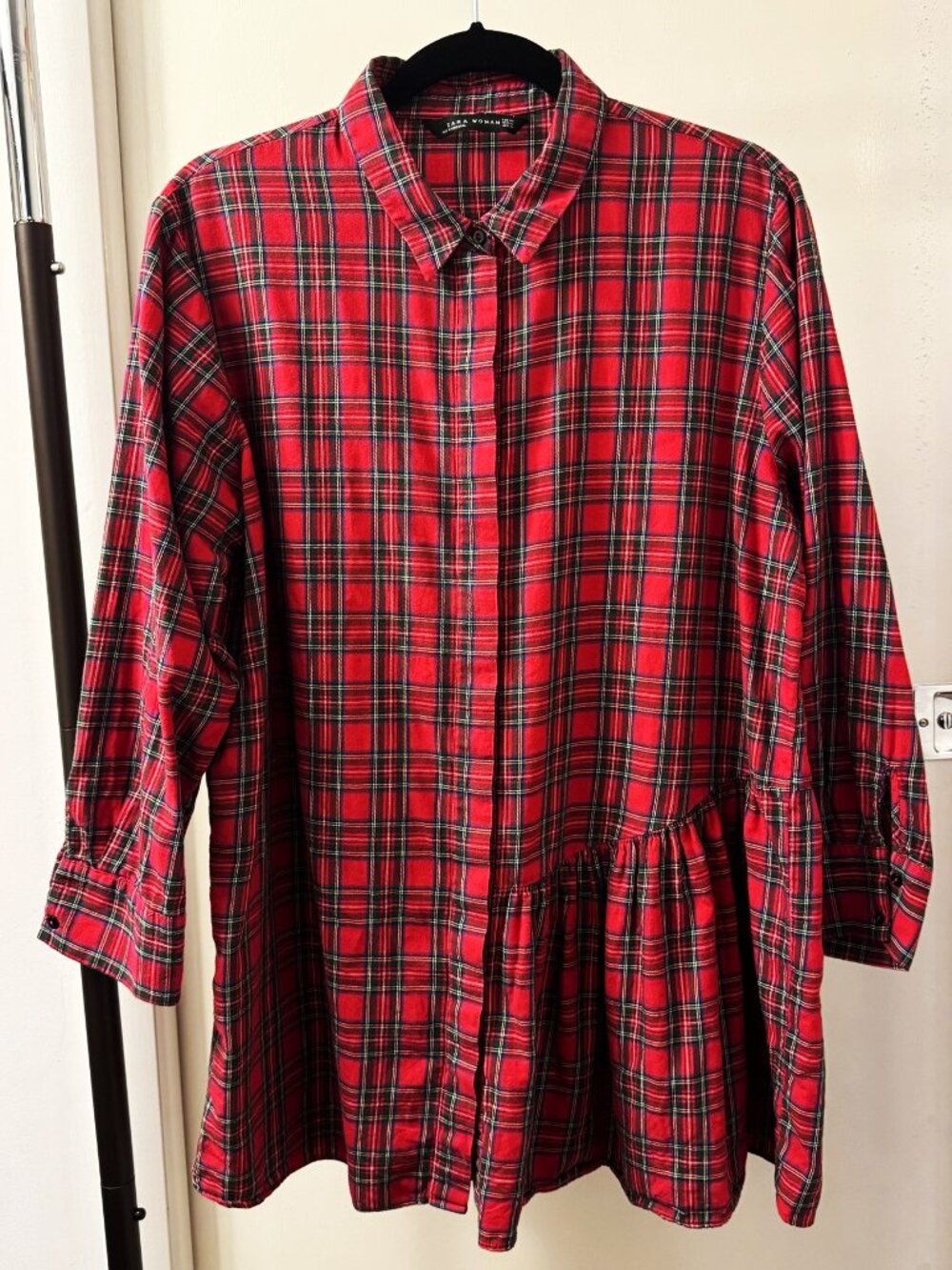 ZARA Asymmetric Checked Red Tartan Plaid Tunic Shirt Dress - size XL